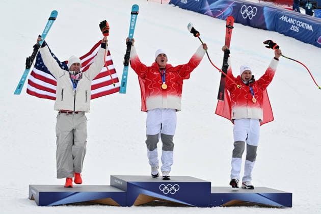 Rg Bormio 11 02 2026 - Olimpiadi Milano Cortina 2026 Alpine Skiing Men™s Supr G foto Image nella foto: Franjo von Allmen-Ryan Cochran Siegle-Marco Odermatt 