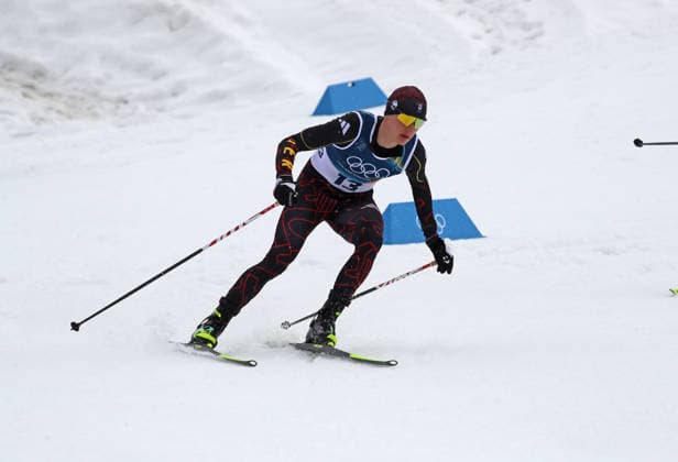 Olympische Winterspiele, Olympia, Nordische Kombination, Individual Gundersen Normal Hill 10km, Langlauf, Val di Fiemme, Tesero SCHMID Julian (GER) in der Loipe beim Langlauf, Abfahrt, weicher Schnee *** Olympic Winter Games, Olympic Games, Nordic Combined, Individual Gundersen Normal Hill 10km, cross-country skiing, Val di Fiemme, Tesero SCHMID Julian GER in the cross-country skiing track, downhill, soft snow