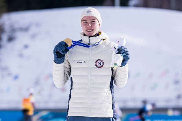TESERO, ITALY - FEBRUARY 11: Gold medalist Jens Luraas Oftebro (Norway) during the Nordic Combined Individual Gundersen Normal Hill 10km medal ceremony at the Milano Cortina 2026 Olympics at Tesero Cross-Country Skiing Stadium on day 5 of the Milano Cortina 2026 Olympics on February 11, 2026 in Cortina, Italy. Editorial use only. Italy Copyright: xSteffiexWunderlx
