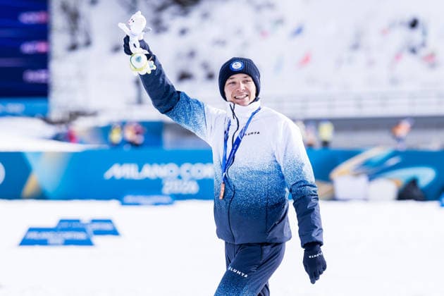TESERO, ITALY - FEBRUARY 11: Bronze medalist Eero Hirvonen (Finland) during the Nordic Combined Individual Gundersen Normal Hill 10km medal ceremony at the Milano Cortina 2026 Olympics at Tesero Cross-Country Skiing Stadium on day 5 of the Milano Cortina 2026 Olympics on February 11, 2026 in Cortina, Italy. Editorial use only. Italy Copyright: xSteffiexWunderlx