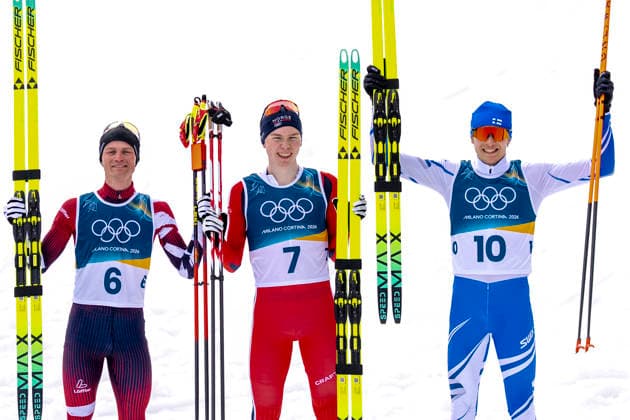 Nordic Combined - Milano Cortina 2026 Winter Olympics Day 5 Silver medallist Austria s Johannes Lamparter (L), gold medallist Norway s Jens Luraas Oftebro and bronze medallist Finland s Eero Hirvonen celebrate after the cross-country of the nordic combined individual Gundersen normal hill 10km event at Tesero Cross Country Stadium at Lago di Tesero (Val di Fiemme) during the Milano Cortina 2026 Winter Olympic Games, Olympische Spiele, Olympia, OS on February 11, 2026. Predazzo Italy  Copyright: xAndrzejxIwanczukx originalFilename:iwanczuk-nordicco260211_npm88.jpg
