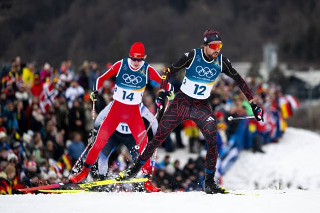 RYDZEK Johannes (Deutschland), SKOGLUND Andreas (Norwegen), ITA, Olympische Spiele Milano Cortina 2026, Olympia, Nordische Kombination 10 km Gundersen, Langlauf, 11.02.2026 ITA, Olympische Spiele Milano Cortina 2026, Olympia, Nordische Kombination 10 km Gundersen, 11.02.2026 Tesero *** RYDZEK Johannes Germany , SKOGLUND Andreas Norway , ITA, Olympic Games Milano Cortina 2026, Olympic Games, Nordic Combined 10 km Gundersen, Cross-Country Skiing, 11 02 2026 ITA, Olympic Games Milano Cortina 2026, Olympic Games, Nordic Combined 10 km Gundersen, 11 02 2026 Tesero Copyright: xEibner-Pressefoto Memmlerx EP_MMR