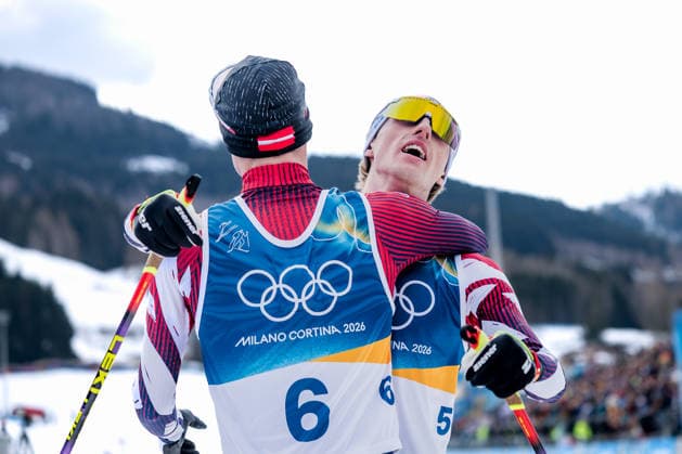 OLYMPICS - Winter Olympic Games, Olympische Spiele, Olympia, OS Milano Cortina 2026 TESERO,ITALY,11.FEB.26 - OLYMPICS, NORDIC SKIING, NORDIC COMBINED, CROSS COUNTRY - Winter Olympic Games Milano Cortina 2026, 10km Gundersen, men. Image shows Johannes Lamparter and Stefan Rettenegger (AUT).  GEPAxpictures xMatthiasxTrinkl