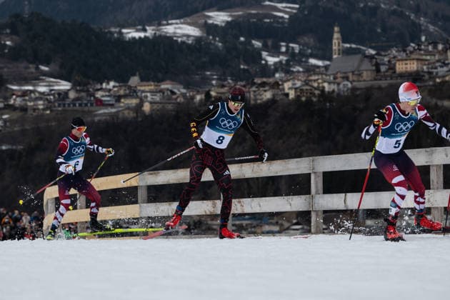 Stefan Rettenegger ( Österreich ), Vinzenz Geiger ( Deutschland ) und Johannes Lamparter ( Österreich ), Nordic Combined Individual Men, Milano Cortina 2026 Olympic Games, Olympische Spiele, Olympia, OS 11-02-2026 *** Stefan Rettenegger Austria , Vinzenz Geiger Germany and Johannes Lamparter Austria , Nordic Combined Individual Men, Milano Cortina 2026 Olympic Games 11 02 2026 Copyright: HMBxMedia MarcxNiemeyer