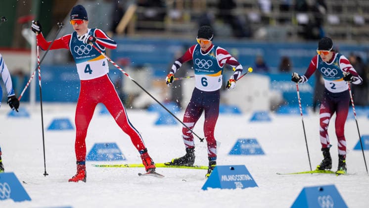OLYMPICS - Winter Olympic Games, Olympische Spiele, Olympia, OS Milano Cortina 2026 TESERO,ITALY,11.FEB.26 - OLYMPICS, NORDIC SKIING, NORDIC COMBINED, CROSS COUNTRY - Winter Olympic Games Milano Cortina 2026, 10km Gundersen, men. Image shows Einar Luraas Oftebro (NOR), Johannes Lamparter and Thomas Rettenegger (AUT).  GEPAxpictures xOliverxLerch
