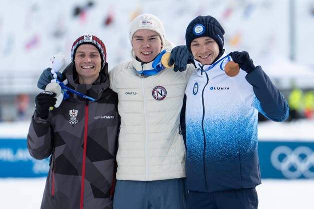 Nordic Combined - Milano Cortina 2026 Winter Olympics Day 5 Johannes Lamparter, Jens Luraas Oftebro, Eero Hirvonen during Milano Cortina 2026 Winter Olympics nordic combined normal hill competition in Tesero Val di Fiemme on February 11, 2026 Tesero Val di Fiemme Italy  Copyright: xFotoxOlimpikx originalFilename:jastrzebowski-nordicco260211_npyRS.jpg