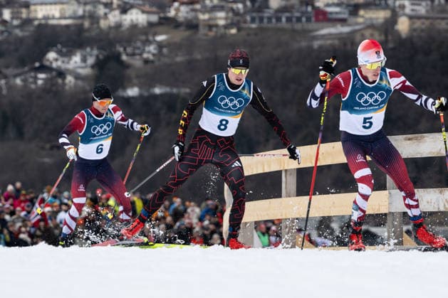 Stefan Rettenegger ( Österreich ), Vinzenz Geiger ( Deutschland ) und Johannes Lamparter ( Österreich ), Nordic Combined Individual Men, Milano Cortina 2026 Olympic Games, Olympische Spiele, Olympia, OS 11-02-2026 *** Stefan Rettenegger Austria , Vinzenz Geiger Germany and Johannes Lamparter Austria , Nordic Combined Individual Men, Milano Cortina 2026 Olympic Games 11 02 2026 Copyright: HMBxMedia MarcxNiemeyer