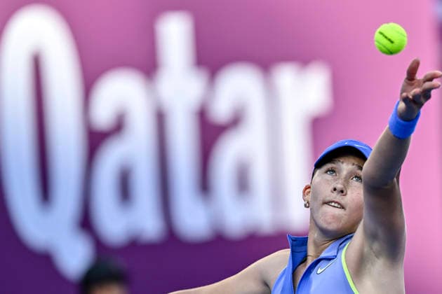 February 11, 2026, Doha, Qatar: Mirra Andreeva of Russia plays against Victoria Mboko of Canada (not in view) during the round of 16 match at the WTA, Tennis Damen Qatar TotalEnergies Open 2026 tennis tournament at the Khalifa International Tennis Complex. Victoria Mboko won against Mirra Andreeva 6-3,3-6,7-6? Doha Qatar - ZUMAs197 20260211_aaa_s197_163 Copyright: xNoushadxVariyattiyakkalx