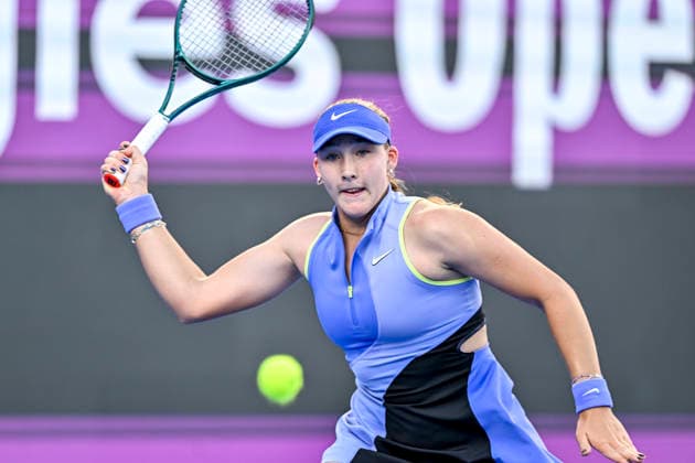 February 11, 2026, Doha, Qatar: Mirra Andreeva of Russia plays against Victoria Mboko of Canada (not in view) during the round of 16 match at the WTA, Tennis Damen Qatar TotalEnergies Open 2026 tennis tournament at the Khalifa International Tennis Complex. Victoria Mboko won against Mirra Andreeva 6-3,3-6,7-6? WTA Qatar TotalEnergies Open 2026-Round Of 16 In Doha - 11 Feb 2026  - ZUMAs197 20260211_aaa_s197_171 Copyright: xNoushadxVariyattiyakkalx