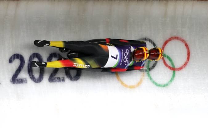 GER Herren Doppelsitzer mit Toni EGGERT Florian MUELLER (MÜLLER) (BRC Ilsenburg WSC Erzgebirge Oberwiesenthal). Rodeln Doppelsitzer. Olympische Winterspiele 2026. 11.2.2026, Sliding Center, Cortina, Italien. Quelle Copyright Credit : Oryk HAIST *** GER Mens doubles with Toni EGGERT Florian MUELLER MÜLLER BRC Ilsenburg WSC Erzgebirge Oberwiesenthal Luge doubles Olympic Winter Games 2026 11 2 2026, Sliding Center, Cortina, Italy Source Copyright Credit Oryk HAIST xOLY-ROD-LUG05x