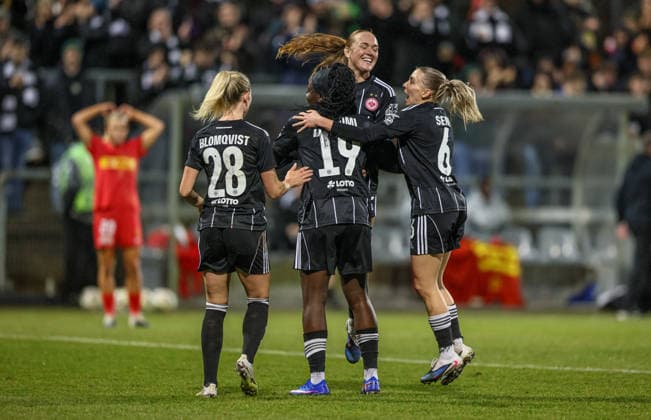GER, Frankfurt, Eintracht Frankfurt vs FC Nordsjaelland, Europacup, Fussball, UEFA, Spielzeit 2024 2026, Stadion am Brentanobad, Viertelfinale, Hinspiel im Bild: Nicole Anyomi (Eintracht Frankfurt Frauen 19), Tor, Jubel und Freude, Emotionen, Lisanne Gräwe (Eintracht Frankfurt Frauen 8), 1:0 DFB DFL REGULATIONS PROHIBIT ANY USE OF PHOTOGRAPHS AS IMAGE SEQUENCES AND OR QUASI-VIDEO, 11.02.2026 Copyright: HMBxMedia HendrikxHamelau