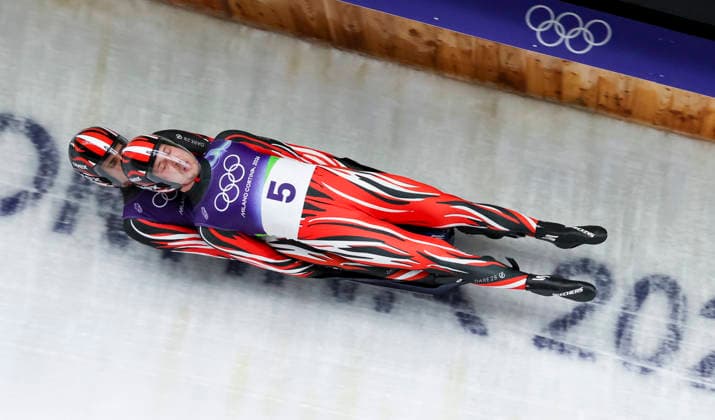 OLYMPICS - Winter Olympic Games, Olympische Spiele, Olympia, OS Milano Cortina 2026 CORTINA D AMPEZZO,ITALY,11.FEB.26 - OLYMPICS, LUGE - Winter Olympic Games Milano Cortina 2026, men, doubles. Image shows Juri Thomas Gatt and Riccaardo Martin Schoepf (AUT).  GEPAxpictures xMaticxKlansek