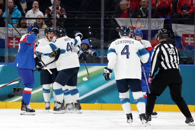 Milano Cortina 2026, Milan, Italy, 11.02, 2026, MiCo2026, MiCo, 2026, Olympics, Olympic, Winter Olympic, Olympic Winter games, Winterspiele,Spiele, Summer games Ice hockey, Eishockey Finland, Slovakia Team Finland players celebrate in action during Men™s Premilinary round Group B Ice Hockey match between Slovakia and Finland teams of Milano Cortina 2026 Olympic Winter Games in Milan, Italy, 11.02.2026. Photo: Roman Koksarov (RKF) Milan Italy Copyright: xRomanxKoksarovx 0B4A0686.JPG