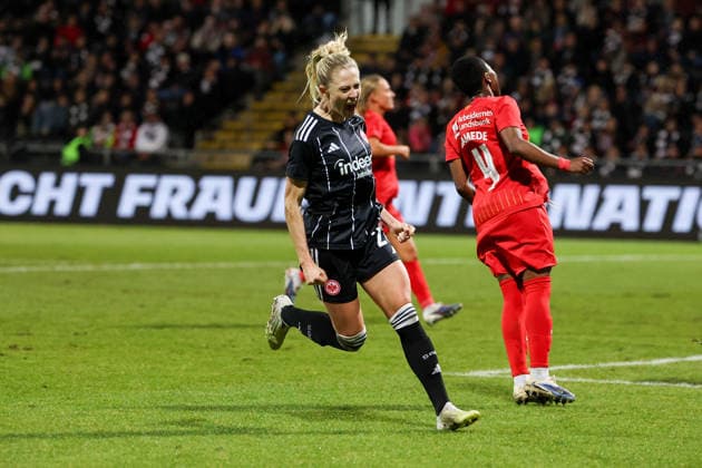 FBL - UEFA Women™s Europa Cup 2025 26 Eintracht Frankfurt - Nordsjaelland Rebecka Blomqvist (Eintracht Frankfurt) scores the goal to 2:0, celebrate during the Women™s Europa Cup match between Eintracht Frankfurt and Nordsaelland at Stadion am Brentanobad in Frankfurt am Main, Germany, February 11, 2026. Copyright: JoaquimxFerreira