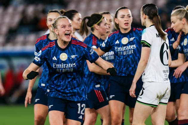 LEUVEN, BELGIUM FEBRUARY 11: Frida Maanum (Arsenal WFC, 12) celebrates after scoring the 0:1 during the UEFA Women™s Champions League match between OH Leuven and Arsenal WFC at the King Power at Den Dreef Stadion on February 11, 2026 in Leuven, Belgium. Copyright: xNatachaxFreisenx