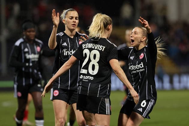 FBL - UEFA Women™s Europa Cup 2025 26 Eintracht Frankfurt - Nordsjaelland Laura Freigang (Eintracht Frankfurt) and Rebecka Blomqvist (Eintracht Frankfurt), Elisa Senss (Eintracht Frankfurt) celebrate the goal to 2:0, during the Women™s Europa Cup match between Eintracht Frankfurt and Nordsaelland at Stadion am Brentanobad in Frankfurt am Main, Germany, February 11, 2026. Copyright: JoaquimxFerreira
