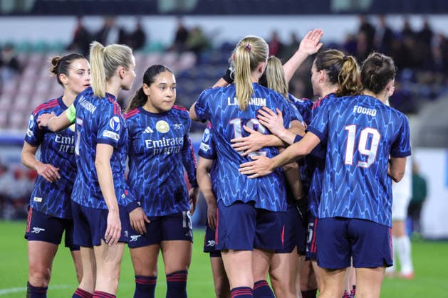 260211 UWCL OH Leuven vs Arsenal Arsenal players celebrating the goal of Frida Maanum (12) of Arsenal (1-0)pictured during the soccer match between OH Leuven (BEL) and Arsenal (ENG), KO play offs first leg, 2025-2026 season of UEFA Womens Champions League , on Wednesday 11 February 2026 in LEUVEN , Belgium . PHOTO SPORTPIX Sevil Oktem LEUVEN DEN DREEF Vlaams-Brabant Belgium  Copyright: xSportpix.bex xSevilxOktemxSevilxOktemx