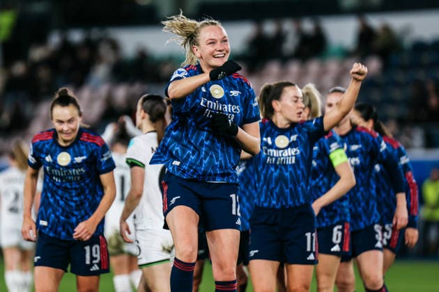 LEUVEN, BELGIUM FEBRUARY 11: Frida Maanum (Arsenal WFC, 12) celebrates after scoring the 0:1 during the UEFA Women™s Champions League match between OH Leuven and Arsenal WFC at the King Power at Den Dreef Stadion on February 11, 2026 in Leuven, Belgium. Copyright: xNatachaxFreisenx