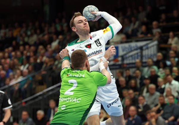 11.02.2026, xovx, Handball Daikin Handball Bundesliga, HSG Wetzlar - Füchse Berlin v.l. Nikola Grahovac (HSG Wetzlar), Mathias Gidsel (Füchse Berlin) Wetzlar Buderus-Arena Hessen Deutschland (DE)