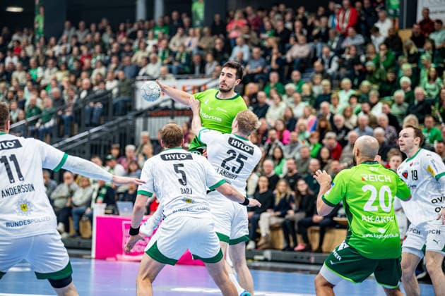 Handball Bundesliga; HSG Wetzlar - Füchse Berlin, 11.02.26 Filip Vistorop (HSG Wetzlar, 4), Matthes Langhoff (Füchse Berlin, 25), Max Darj (Füchse Berlin, 5), Cyrill Akakpo (HSG Wetzlar, 20), Philipp Ahouansou (HSG Wetzlar, 19) Handball Bundesliga; HSG Wetzlar - Füchse Berlin: Wetzlar, 11.02.26 Copyright: xBEAUTIFULxSPORTS Roeczeyx