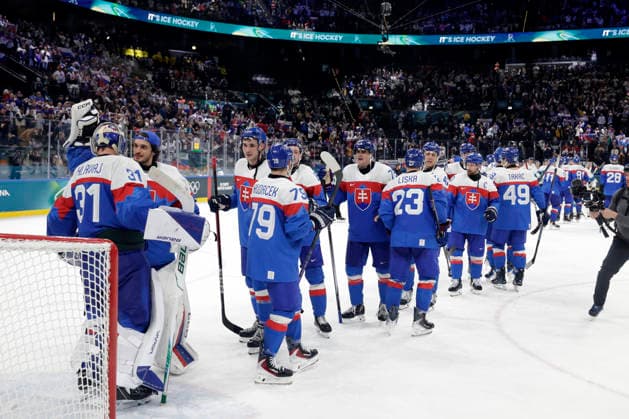 Milano Cortina 2026, Milan, Italy, 11.02, 2026, MiCo2026, MiCo, 2026, Olympics, Olympic, Winter Olympic, Olympic Winter games, Winterspiele,Spiele, Summer games Ice hockey, Eishockey Finland, Slovakia Team Slovakia players celebrate afters their Men™s Premilinary round Group B Ice Hockey match between Slovakia and Finland teams of Milano Cortina 2026 Olympic Winter Games in Milan, Italy, 11.02.2026. Photo: Roman Koksarov (RKF) Milan Italy Copyright: xRomanxKoksarovx 0B4A1002.JPG