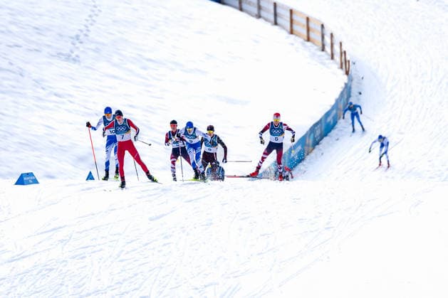 OLYMPICS - Winter Olympic Games, Olympische Spiele, Olympia, OS Milano Cortina 2026 TESERO,ITALY,11.FEB.26 - OLYMPICS, NORDIC SKIING, NORDIC COMBINED, CROSS COUNTRY - Winter Olympic Games Milano Cortina 2026, 10km Gundersen, men. Image shows Jens Luraas Oftebro (NOR), Eero Hirvonen (FIN), Johannes Lamparter (AUT), Ilkka Herola (FIN), Vinzenz Geiger (GER) and Stefan Rettenegger (AUT).  GEPAxpictures xMatthiasxTrinkl