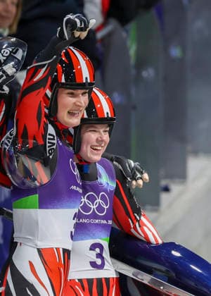 OLYMPICS - Winter Olympic Games, Olympische Spiele, Olympia, OS Milano Cortina 2026 CORTINA D AMPEZZO,ITALY,11.FEB.26 - OLYMPICS, LUGE - Winter Olympic Games Milano Cortina 2026, women, doubles. Image shows the rejoicing of Selina Egle and Lara Michaela Kipp (AUT).  GEPAxpictures xMaticxKlansek