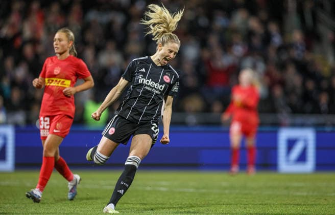 GER, Frankfurt, Eintracht Frankfurt vs FC Nordsjaelland, Europacup, Fussball, UEFA, Spielzeit 2024 2026, Stadion am Brentanobad, Viertelfinale, Hinspiel im Bild: Rebecka Blomqvist (Eintracht Frankfurt Frauen 28) erzielt das 4:0, Tor, Jubel und Freude, Emotionen DFB DFL REGULATIONS PROHIBIT ANY USE OF PHOTOGRAPHS AS IMAGE SEQUENCES AND OR QUASI-VIDEO, 11.02.2026 Copyright: HMBxMedia HendrikxHamelau