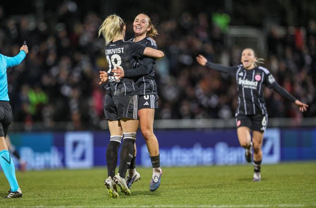 GER, Frankfurt, Eintracht Frankfurt vs FC Nordsjaelland, Europacup, Fussball, UEFA, Spielzeit 2024 2026, Stadion am Brentanobad, Viertelfinale, Hinspiel im Bild: Rebecka Blomqvist (Eintracht Frankfurt Frauen 28) erzielt das 4:0, Tor, Jubel und Freude, Emotionen, Lisanne Gräwe (Eintracht Frankfurt Frauen 8) DFB DFL REGULATIONS PROHIBIT ANY USE OF PHOTOGRAPHS AS IMAGE SEQUENCES AND OR QUASI-VIDEO, 11.02.2026 Copyright: HMBxMedia HendrikxHamelau