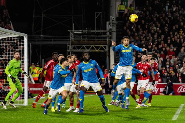 11th February 2026; The City Ground, Nottingham, England; Premier League Football, Nottingham Forest versus Wolverhampton Wanderers; Joao Gomes of Wolverhampton Wanderers wins a defensive header  GodfreyxPitt Content restricted for UK based newspaper