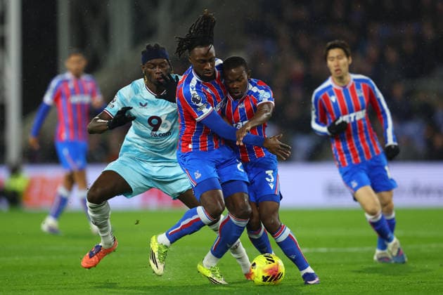London, England, 11th February 2026. Evann Guessand (C) of Crystal Palace and Tyrick Mitchell of Crystal Palace clash as they challenge Lesley Ugochukwu of Burnley during the Crystal Palace vs Burnley Premier League match at Selhurst Park, London. Picture credit should read: Paul Terry Sportimage EDITORIAL USE ONLY. No use with unauthorised audio, video, data, fixture lists, club league logos or live services. Online in-match use limited to 120 images, no video emulation. No use in betting, games or single club league player publications. SPI_009_PT_Crystal_Palace_Burnley SPI-4518-0009