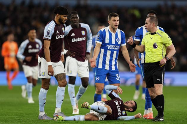 Birmingham, England, 11th February 2026. JoÃ«l Veltman of Brighton and Hove Albion reacts to referee Peter Bankes after being booked for a foul on Emiliano Buendia of Aston Villa during the Aston Villa vs Brighton and Hove Albion Premier League match at Villa Park, Birmingham. Picture credit should read: Gareth Evans Sportimage EDITORIAL USE ONLY. No use with unauthorised audio, video, data, fixture lists, club league logos or live services. Online in-match use limited to 120 images, no video emulation. No use in betting, games or single club league player publications. SPI_022_GE_AVL_vs_BHA SPI-4521-0022