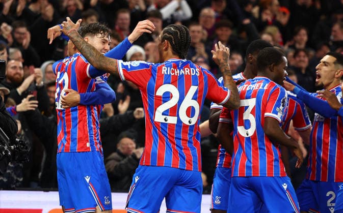 London, England, 11th February 2026. Jorgen Strand Larsen (L) of Crystal Palace celebrates after scoring to make it 1-0 during the Crystal Palace vs Burnley Premier League match at Selhurst Park, London. Picture credit should read: Paul Terry Sportimage EDITORIAL USE ONLY. No use with unauthorised audio, video, data, fixture lists, club league logos or live services. Online in-match use limited to 120 images, no video emulation. No use in betting, games or single club league player publications. SPI_017_PT_Crystal_Palace_Burnley SPI-4518-0017