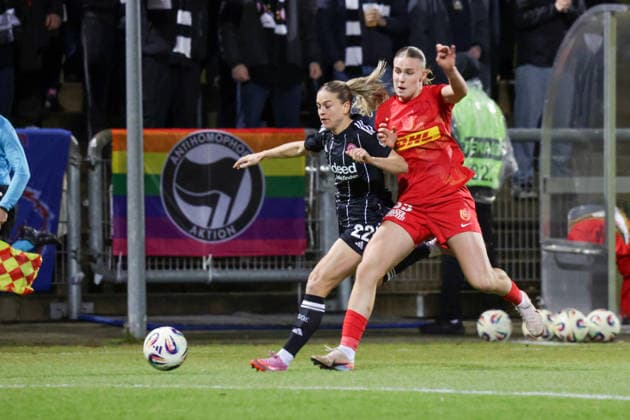 11.02.2026, xgrfx, Fussball UEFA Women s Europa Cup 1 4 Finale, Eintracht Frankfurt - FC Nordsjaelland v.l. Nadien Riesen (Eintracht Frankfurt), Carli Scheuer (FC Nordsjaelland) (DFL DFB REGULATIONS PROHIBIT ANY USE OF PHOTOGRAPHS as IMAGE SEQUENCES and or QUASI-VIDEO) Stadion am Brentanobad