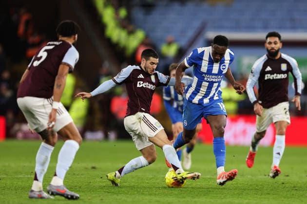 Birmingham, England, 11th February 2026. Emiliano Buendia of Aston Villa tackles Danny Welbeck of Brighton and Hove Albion during the Aston Villa vs Brighton and Hove Albion Premier League match at Villa Park, Birmingham. Picture credit should read: Gareth Evans Sportimage EDITORIAL USE ONLY. No use with unauthorised audio, video, data, fixture lists, club league logos or live services. Online in-match use limited to 120 images, no video emulation. No use in betting, games or single club league player publications. SPI_024_GE_AVL_vs_BHA SPI-4521-0024