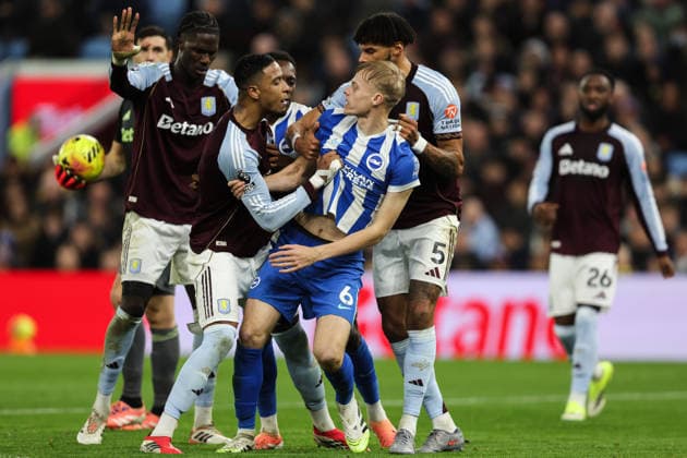 Birmingham, England, 11th February 2026. Tempers begin to boil over during the Aston Villa vs Brighton and Hove Albion Premier League match at Villa Park, Birmingham. Picture credit should read: Gareth Evans Sportimage EDITORIAL USE ONLY. No use with unauthorised audio, video, data, fixture lists, club league logos or live services. Online in-match use limited to 120 images, no video emulation. No use in betting, games or single club league player publications. SPI_026_GE_AVL_vs_BHA SPI-4521-0026