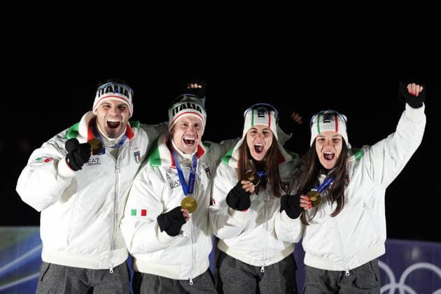 Italy s gold medalists Emanuel Rieder, Simon Kainzwaldner, celebrate after the men s and women s doubles luge competitions at the 2026 Winter Olympics, in Cortina d Ampezzo, Italy, Wednesday, Feb. 11, 2026. (Photo Spada LaPresse)  Copyright: xSpada LaPressex