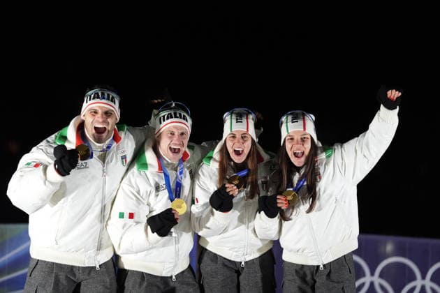 Italy s gold medalists Emanuel Rieder, Simon Kainzwaldner, celebrate after the men s and women s doubles luge competitions at the 2026 Winter Olympics, in Cortina d Ampezzo, Italy, Wednesday, Feb. 11, 2026. (Photo Spada LaPresse)  Copyright: xSpada LaPressex