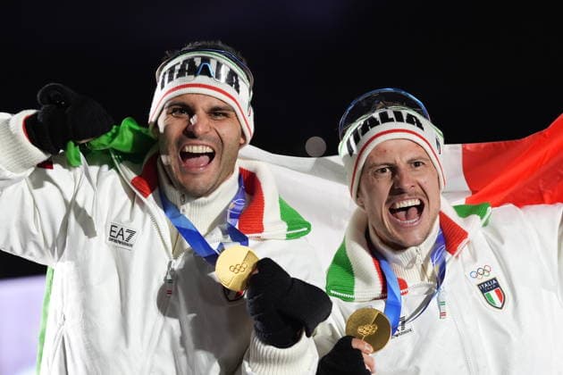 Italy s gold medalists Emanuel Rieder, Simon Kainzwaldner, celebrate after the men s and women s doubles luge competitions at the 2026 Winter Olympics, in Cortina d Ampezzo, Italy, Wednesday, Feb. 11, 2026. (Photo Spada LaPresse)  Copyright: xSpada LaPressex