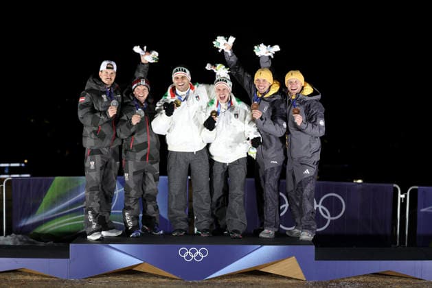 OLYMPICS - Winter Olympic Games, Olympische Spiele, Olympia, OS Milano Cortina 2026 CORTINA D AMPEZZO,ITALY,11.FEB.26 - OLYMPICS, LUGE - Winter Olympic Games Milano Cortina 2026, men, doubles, medal ceremony. Image shows the rejoicing of the rejoicing of Thomas Steu and Wolfgang Kindl (AUT), Emanuel Rieder and Simon Kainzwaldner (ITA) and Tobias Wendl (GER) and Tobias Artl (GER).  GEPAxpictures xMaticxKlansek