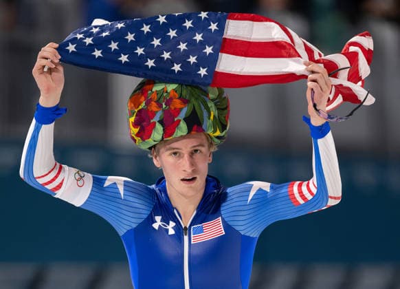 February 11, 2026, Milan, Lombardy, Italy: February 11, 2026: Team USA Speed Scater JORDAN STOLZ celebrates his gold medal in the Milano Cortina 2026 Winter Olympics in the Men s 1000m at the Milano Speed Scating Stadium. Olympics 2026: Milano Cortina: - February 11, 2026  - ZUMAh234 20260211_oly_h234_006 Copyright: xMarkxEdwardxHarrisx