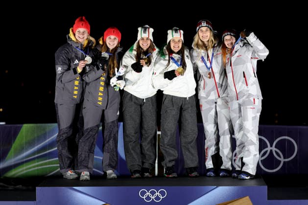 OLYMPICS - Winter Olympic Games, Olympische Spiele, Olympia, OS Milano Cortina 2026 CORTINA D AMPEZZO,ITALY,11.FEB.26 - OLYMPICS, LUGE - Winter Olympic Games Milano Cortina 2026, women, doubles, medal ceremony. Image shows Dajana Eitberger and Magdalena Matschina (GER), Andrea Voetter and Marion Oberhofer (ITA) and Selina Egle and Lara Michaela Kipp (AUT).  GEPAxpictures xMaticxKlansek