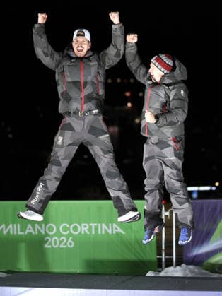 OLYMPICS - Winter Olympic Games, Olympische Spiele, Olympia, OS Milano Cortina 2026 CORTINA D AMPEZZO,ITALY,11.FEB.26 - OLYMPICS, LUGE - Winter Olympic Games Milano Cortina 2026, men, doubles, medal ceremony. Image shows the rejoicing of Thomas Steu and Wolfgang Kindl (AUT).  GEPAxpictures xMaticxKlansek