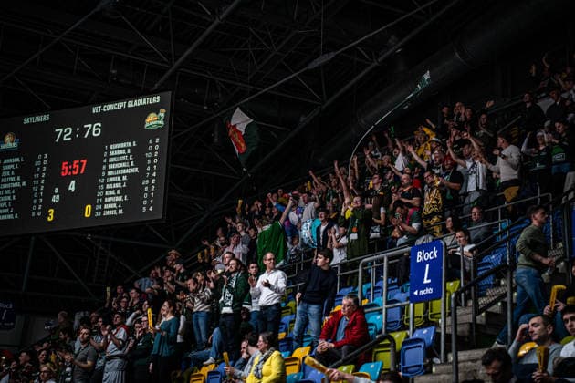 11.02.2026, xhfmx, Basketball easyCredit BBL Bundesliga, Frankfurt Skyliners - VET-CONCEPT Gladiators Trier Fanblock Trier (DFL DFB REGULATIONS PROHIBIT ANY USE OF PHOTOGRAPHS as IMAGE SEQUENCES and or QUASI-VIDEO) Frankfurt am Main
