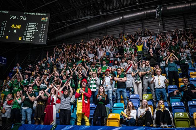 11.02.2026, xhfmx, Basketball easyCredit BBL Bundesliga, Frankfurt Skyliners - VET-CONCEPT Gladiators Trier Trierer Fanblock (DFL DFB REGULATIONS PROHIBIT ANY USE OF PHOTOGRAPHS as IMAGE SEQUENCES and or QUASI-VIDEO) Frankfurt am Main