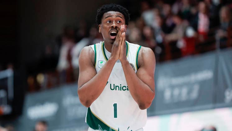 Im Bild: Verwunderung bei Chase Audige (Unicaja Malaga, 1) 11.02.2026, Fitness First Wuerzburg Baskets vs. Unicaja Malaga, Basketball Champions League, Round of 16, Group K, 4. Spieltag, Deutschland, 97072, tectake-Arena Wuerzburg, Copyright: HMBxMedia xJulienxBecker