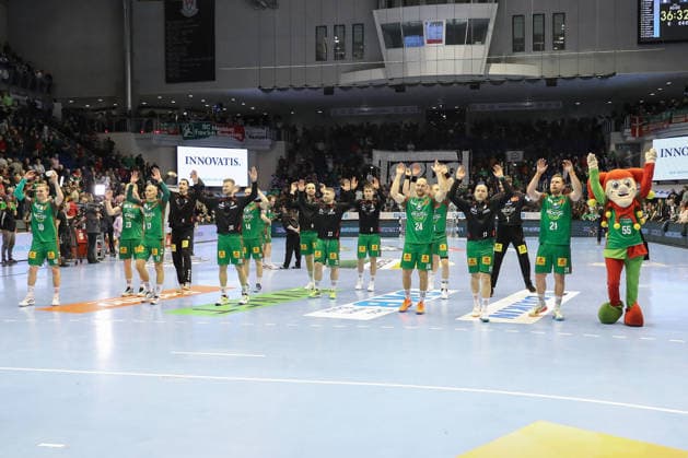 11.02.2026, xgox, Handball - Daikin HBL SC Magdeburg - TBV Lemgo-Lippe emspor, v.l. Magdeburg Jubel ueber den Sieg, Jubel nach Spielende Magdeburg