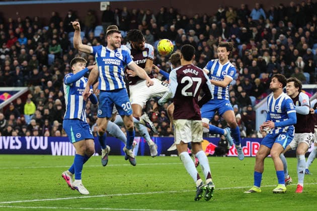 Birmingham, England, 11th February 2026. Tyrone Mings of Aston Villa scores a goal to make it 1-0 during the Aston Villa vs Brighton and Hove Albion Premier League match at Villa Park, Birmingham. Picture credit should read: Gareth Evans Sportimage EDITORIAL USE ONLY. No use with unauthorised audio, video, data, fixture lists, club league logos or live services. Online in-match use limited to 120 images, no video emulation. No use in betting, games or single club league player publications. SPI_039_GE_AVL_vs_BHA SPI-4521-0039
