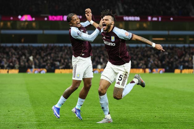 Birmingham, England, 11th February 2026. Tyrone Mings of Aston Villa celebrates his goal to make it 1-0 during the Aston Villa vs Brighton and Hove Albion Premier League match at Villa Park, Birmingham. Picture credit should read: Gareth Evans Sportimage EDITORIAL USE ONLY. No use with unauthorised audio, video, data, fixture lists, club league logos or live services. Online in-match use limited to 120 images, no video emulation. No use in betting, games or single club league player publications. SPI_043_GE_AVL_vs_BHA SPI-4521-0043