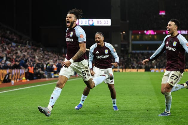Birmingham, England, 11th February 2026. Tyrone Mings of Aston Villa celebrates his goal to make it 1-0 during the Aston Villa vs Brighton and Hove Albion Premier League match at Villa Park, Birmingham. Picture credit should read: Gareth Evans Sportimage EDITORIAL USE ONLY. No use with unauthorised audio, video, data, fixture lists, club league logos or live services. Online in-match use limited to 120 images, no video emulation. No use in betting, games or single club league player publications. SPI_044_GE_AVL_vs_BHA SPI-4521-0044